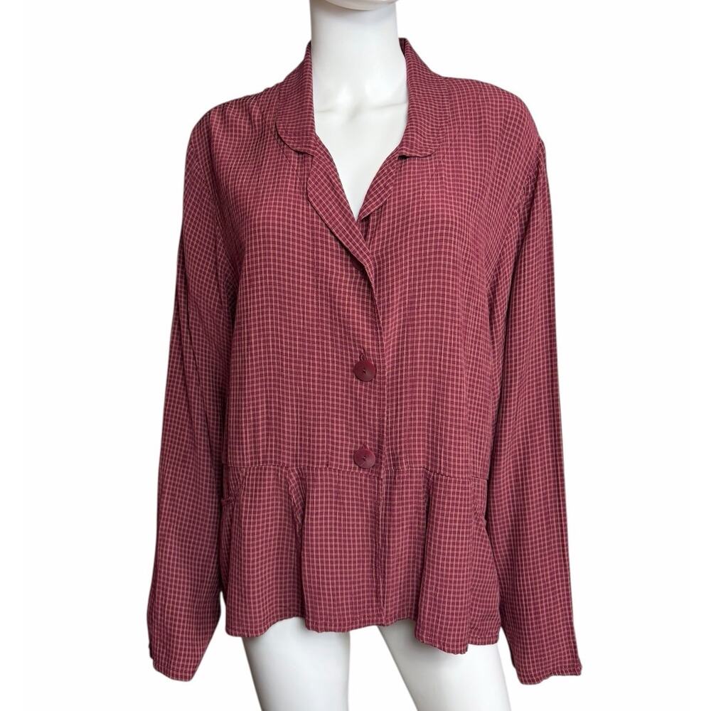 FLAX Women's M Red Plaid Lagenlook Artsy Button Tunic Top EUC
